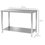 Table de travail, établi d'atelier en acier inoxydable 2 étagère, pour atelier, garage, hangar, 120x60x86cm, argenté