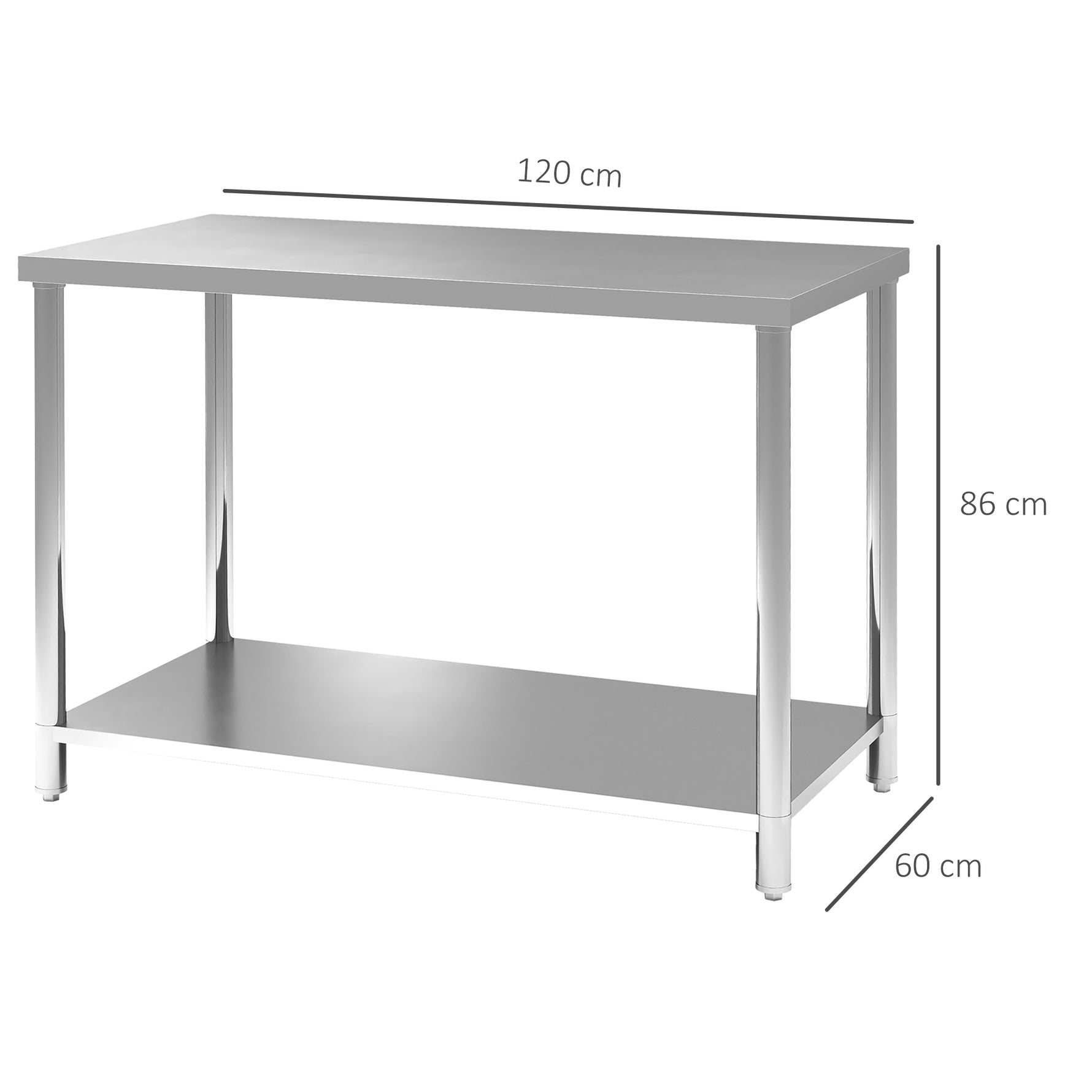 Table de travail, établi d'atelier en acier inoxydable 2 étagère, pour atelier, garage, hangar, 120x60x86cm, argenté