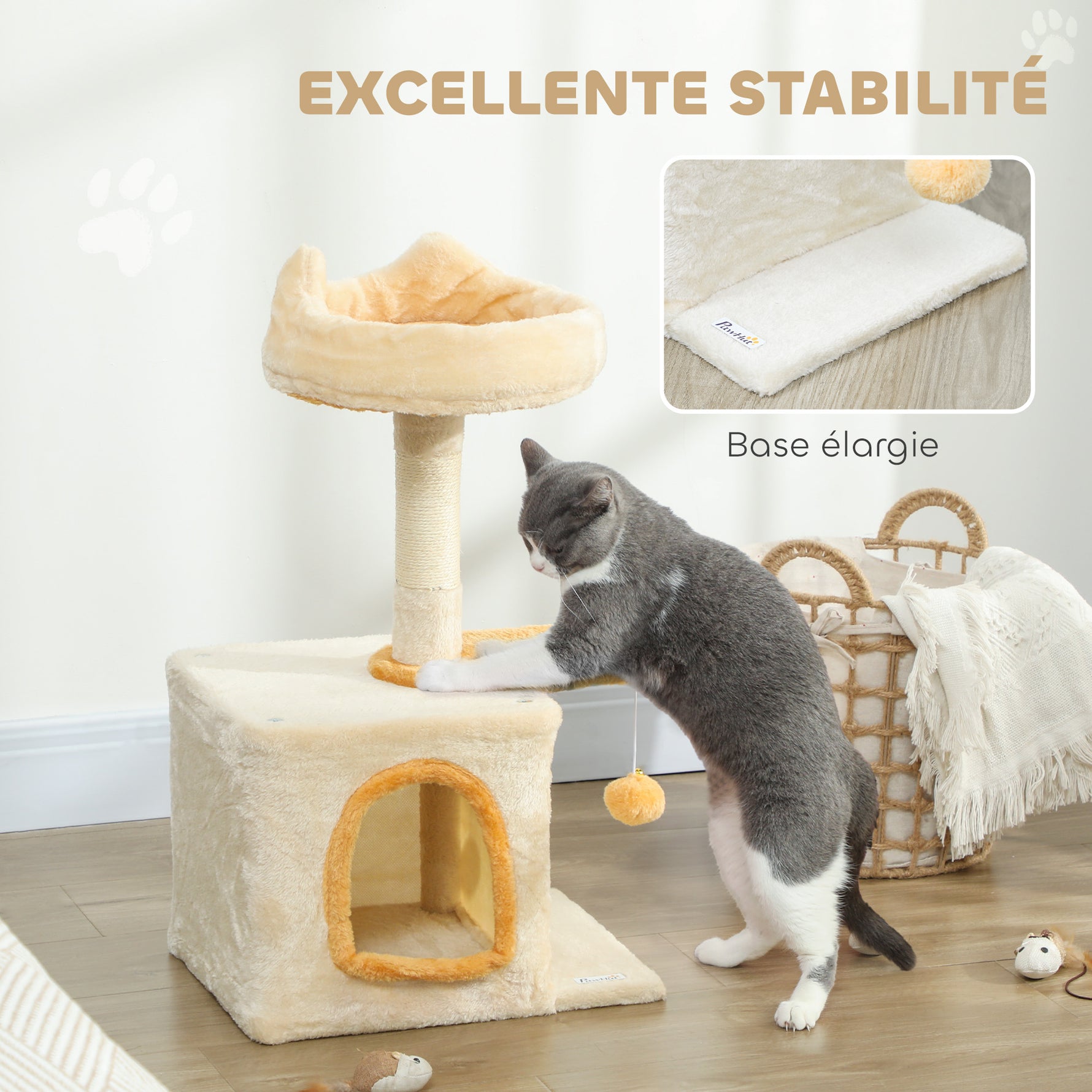 Arbre à Chat 72 cm, Perchoir Doux, Plateforme en Forme de Poisson, Niche en Peluche, Poteaux en Sisal, Balle, Beige