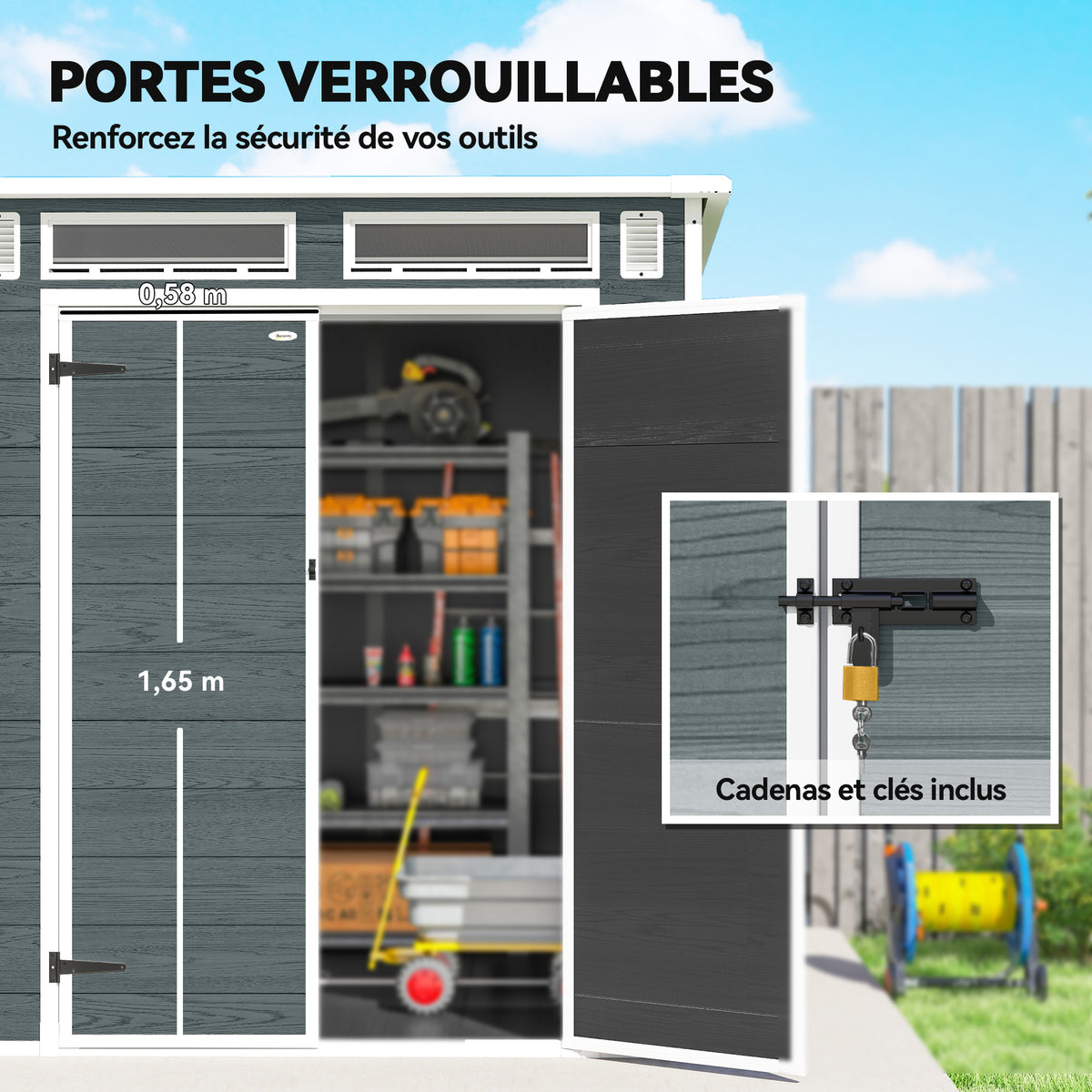Abri de Jardin en Résine Cabanon de Rangement Double Porte 3 Fenêtres et 2 Aérations Anti-UV avec Plancher 3,3 m² Gris