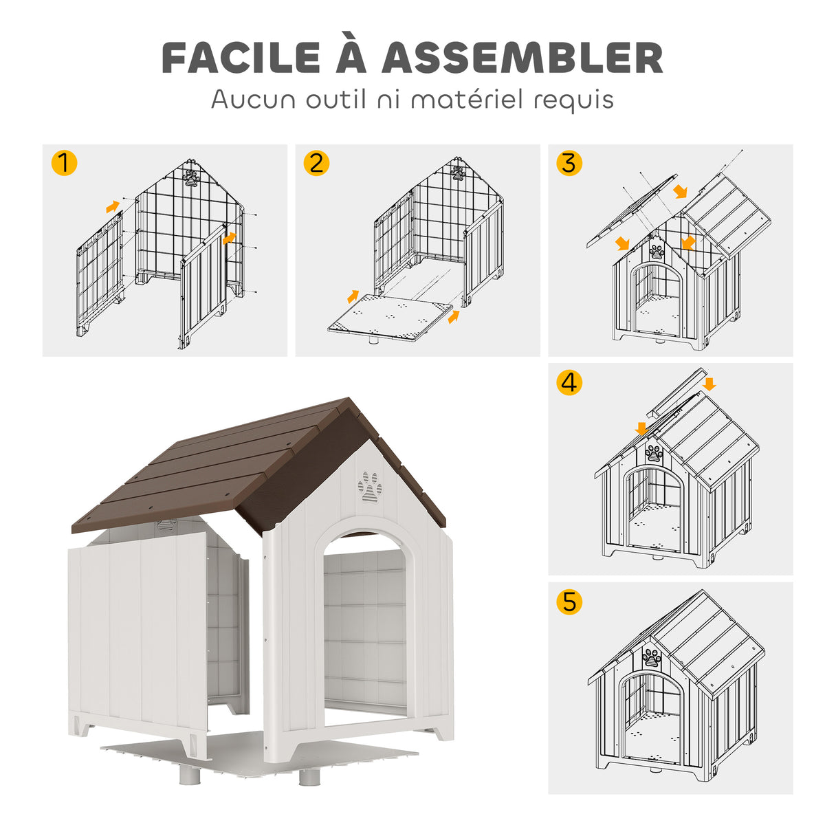 Niche pour chien extérieur, maison chien en polypropylène imperméable, ventilé, plancher surélevé, gris clair