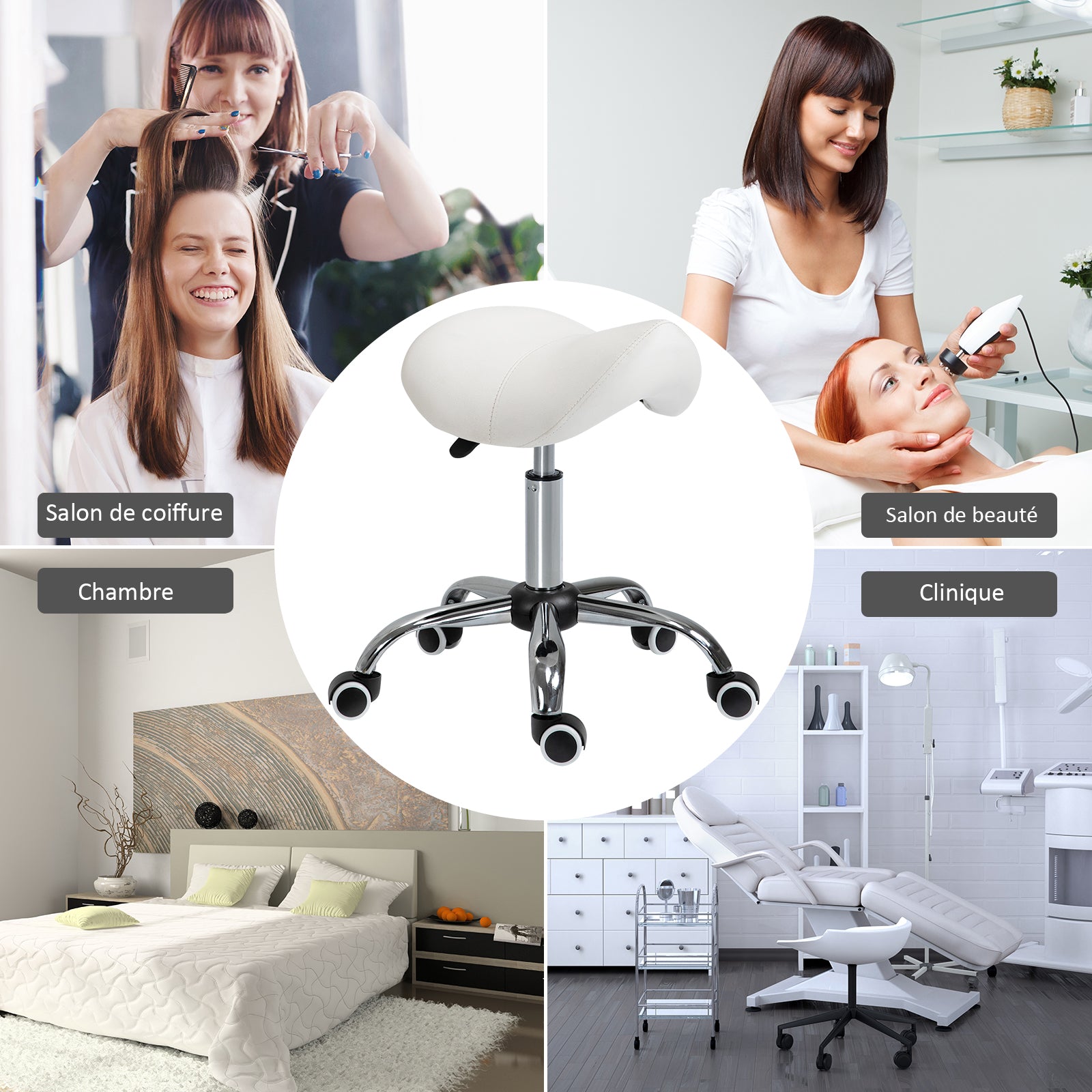 Tabouret à roulettes, tabouret de massage avec hauteur réglable 49-61 cm et selle ergonomique, chaise de travail à roulettes pivotant 360°, pour salon de massage tatouage clinique spa, blanc