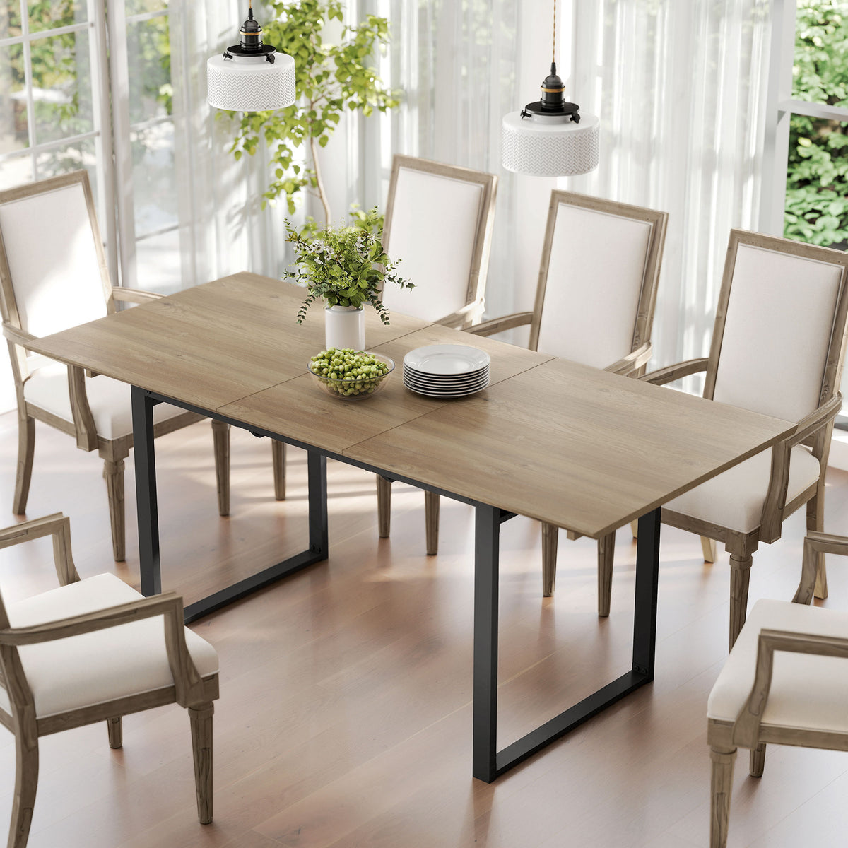 Mesa de comedor rectangular extensible para 6 a 8 personas, mesa de cocina con extensión de 140-180 cm, efecto madera natural