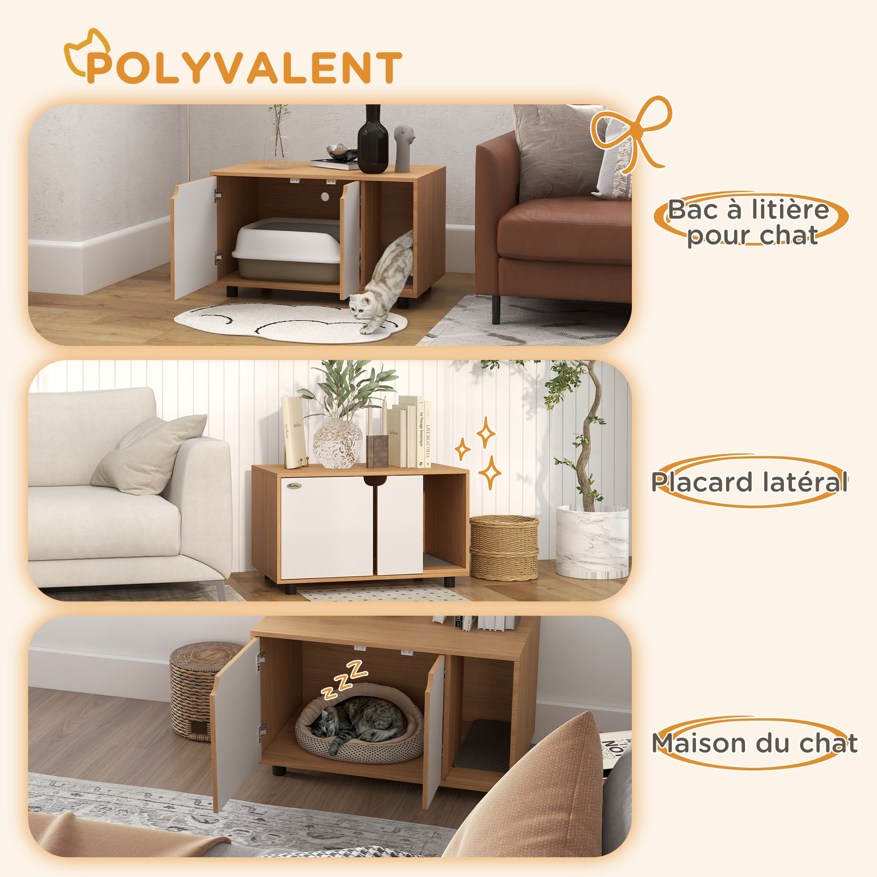 Meuble à litière maison de toilette sur pieds pour chat 2 en 1 portes style scandinave 80 x 48 x 48 cm naturel et blanc