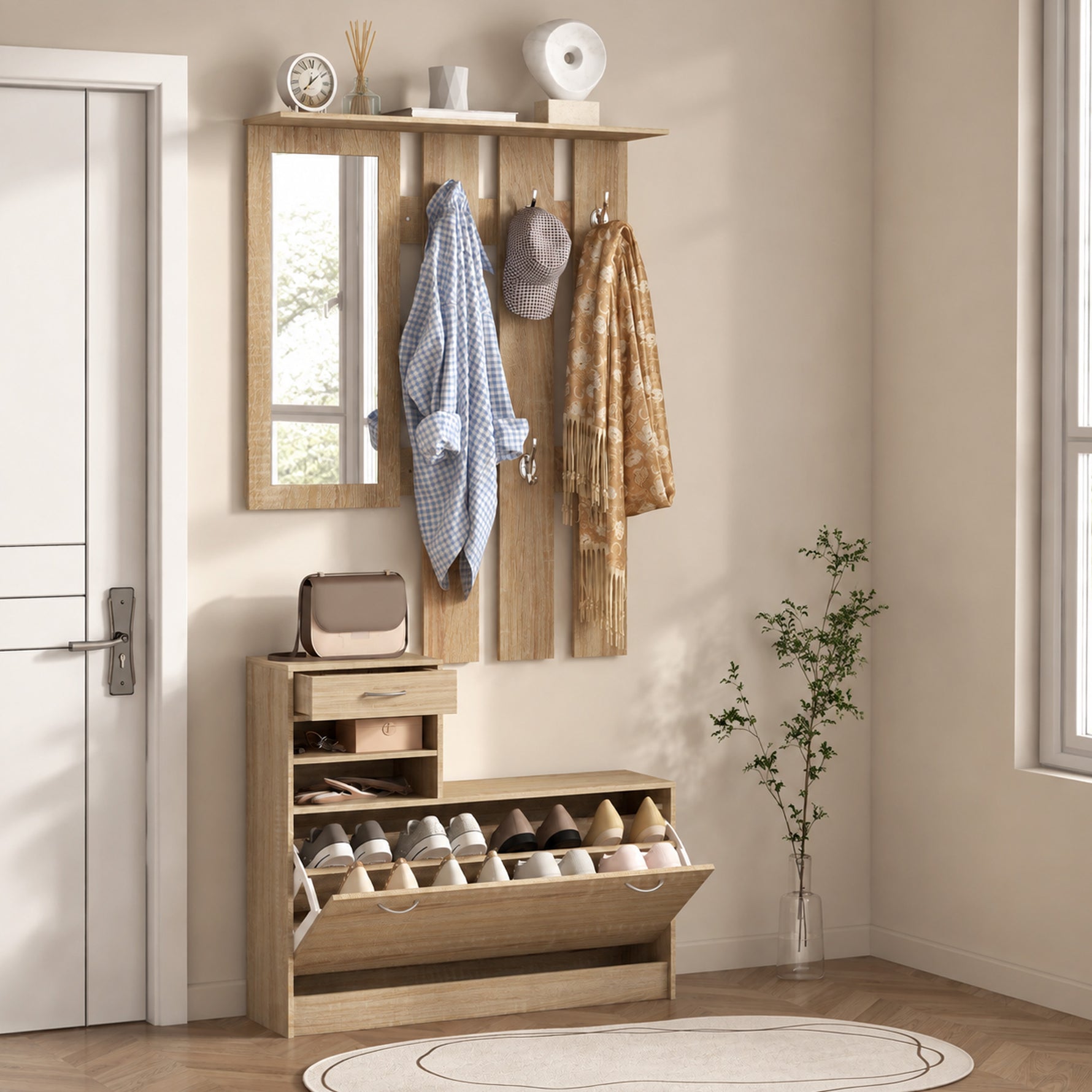 Meuble d'entrée vestiaire panneau porte-manteau, miroir et banc à chaussures - 6 crochets 90x10x91cm effet bois naturel