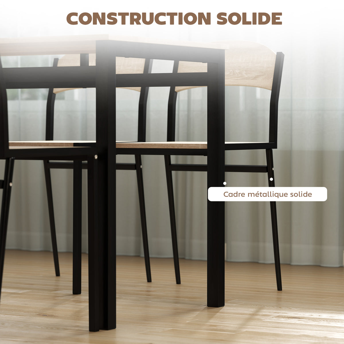 Ensemble table à manger 5 pièces avec 4 chaises lateau MDF coloris bois de chêne châssis métal noir