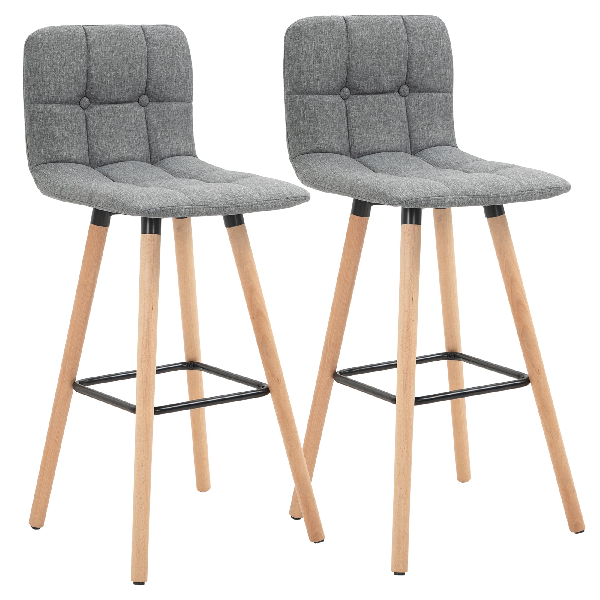 2er-Set Barhocker, gepolsterte Barstühle mit Rückenlehne und Fußstütze, Holzbeine, 41,5x47x97,5 cm, Grau
