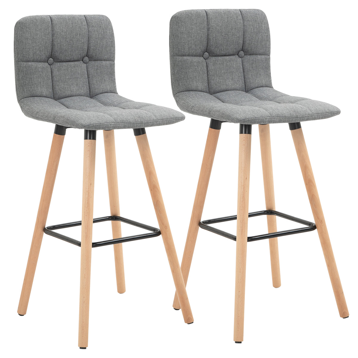 2er-Set Barhocker, gepolsterte Barstühle mit Rückenlehne und Fußstütze, Holzbeine, 41,5x47x97,5 cm, Grau