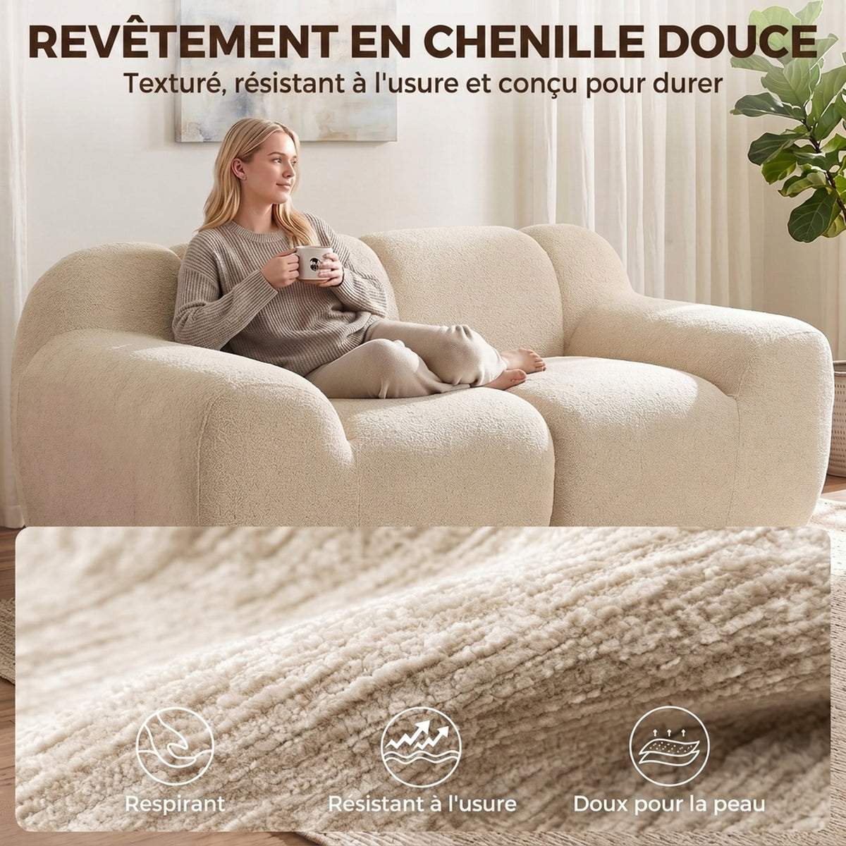 Canapé 2 Places en Chenille, Canapé de Salon 174cm, Assise et Accoudoirs Larges Rembourrés, Entièrement Compressé, Beige