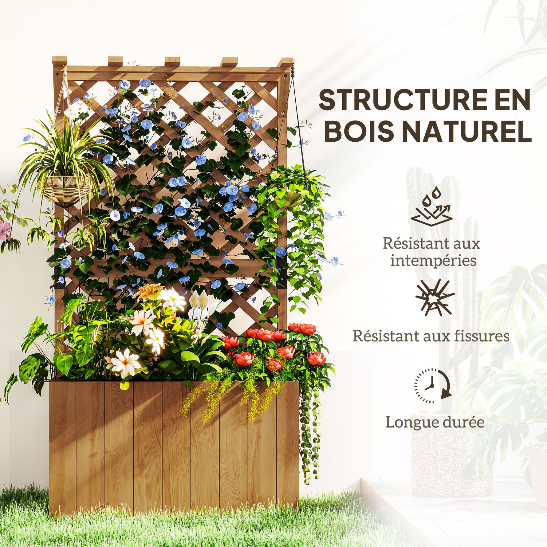 Jardinière avec treillis, bac à fleurs en bois massif avec trous de drainage et doublure, 64 x 33 x 122 cm, bois naturel