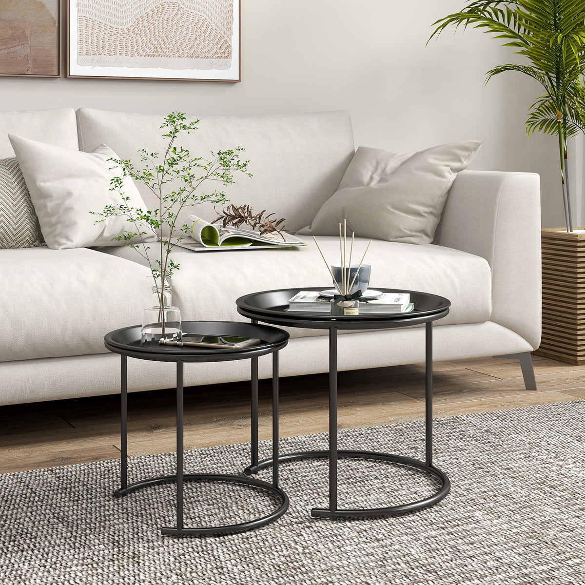Lot de 2 tables basses rondes gigognes plateaux amovibles style industriel en acier Ø 43 et Ø 35 cm noir