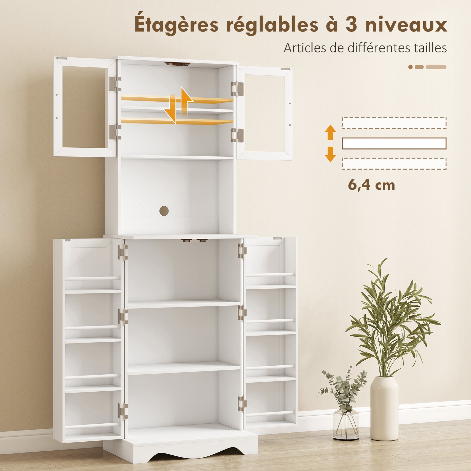 Buffet haut cuisine armoire de cuisine 4 portes 8 porte-épices plan de travail étagère réglable 60x39,5x179,6cm blanc