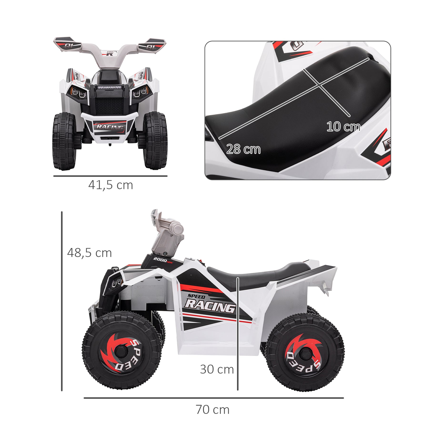 Quad électrique pour enfants véhicule à batterie 6V avec marche avant et arrière 70L x 41,5l x 48,5H cm Blanc
