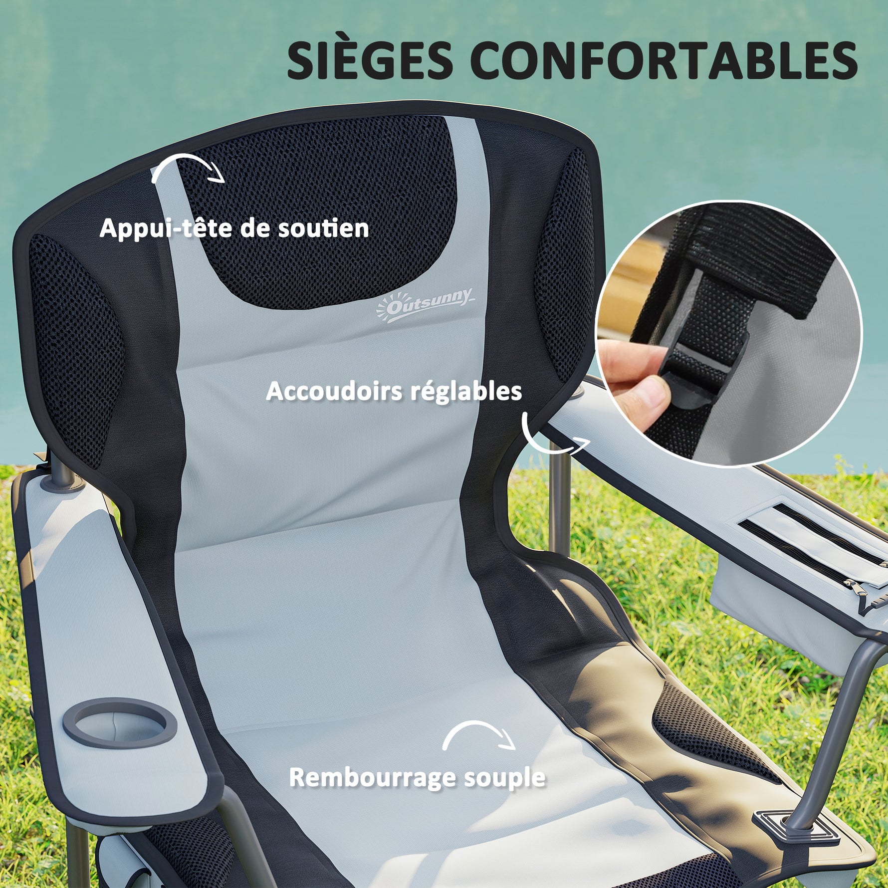 Chaise de camping pliante avec accoudoirs réglables, porte-gobelets, poches latérales et sac de refroidissement, noir