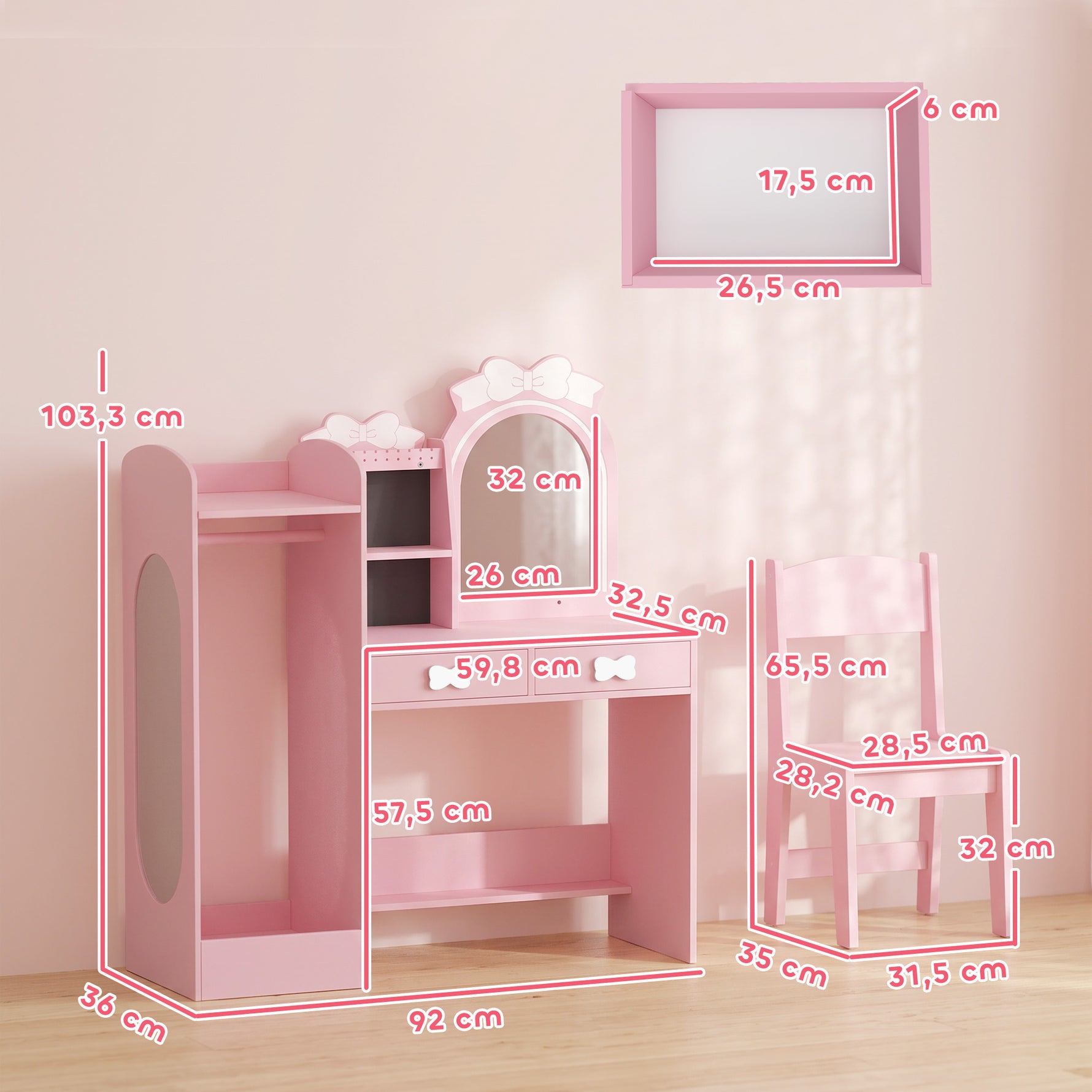 Coiffeuse pour Enfants avec Tabouret et Miroir Lumineux à 2 Couleurs en Acrylique, Coiffeuse Bureau Fille 3-8 Ans, Rose