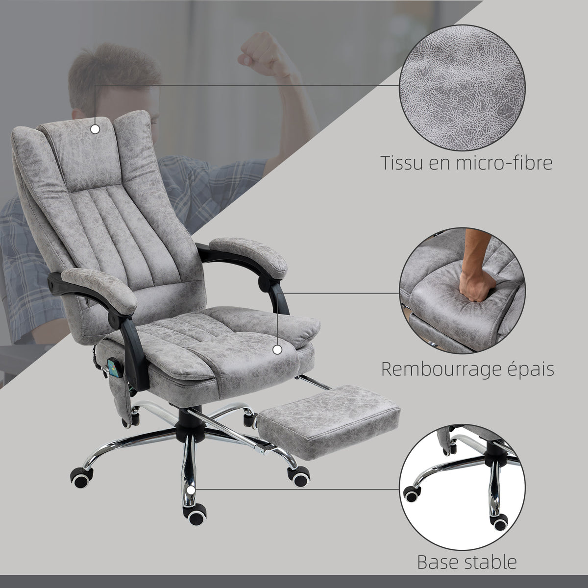Fauteuil de bureau massant et chauffant, chaise de bureau, chaise ergonomique avec hauteur réglable, dossier inclinable, repose-pied et télécommande filaire, pivotant à 360°, gris