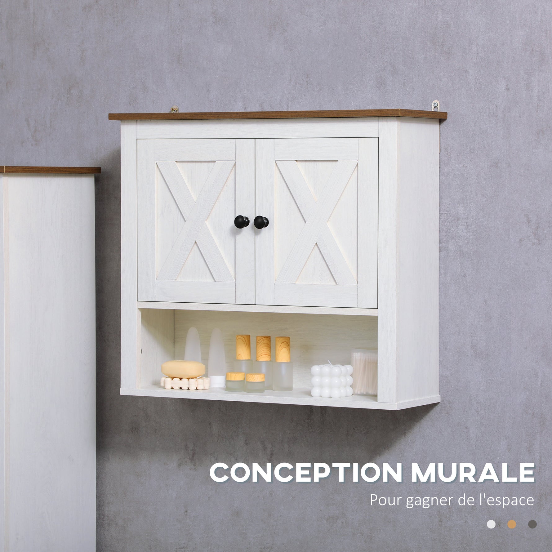 Armoire murale, armoire salle de bain avec placard à portess et compartiment ouvert, dim. 60 x 19,5 x 52,5 cm, blanc