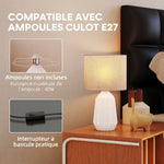 Lampe de Table avec Base en Céramique et Abat-Jour en Lin, Lampe de Chevet avec Interrupteur, Culot E27, Blanc et Beige