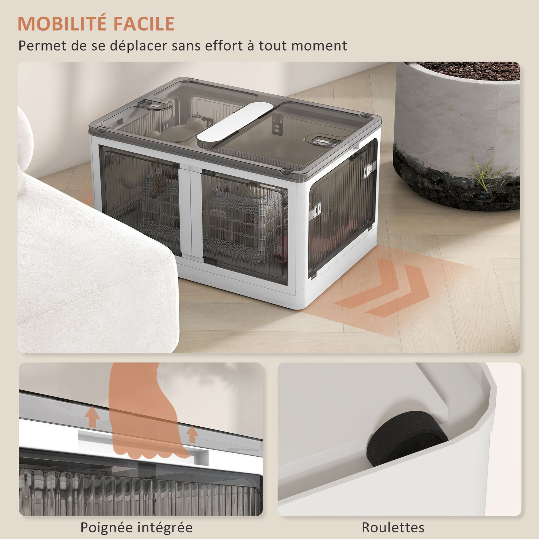 Boîtes de rangement pliables et empilables 69L en plastique avec couvercle et 4 roulettes, accès à 5 côtés, blanc