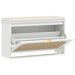 Banc à chaussures, banc de rangement, assise rembourrée, tiroir rabattable, porte en rotin, 80 x 26 x 47,5 cm, blanc