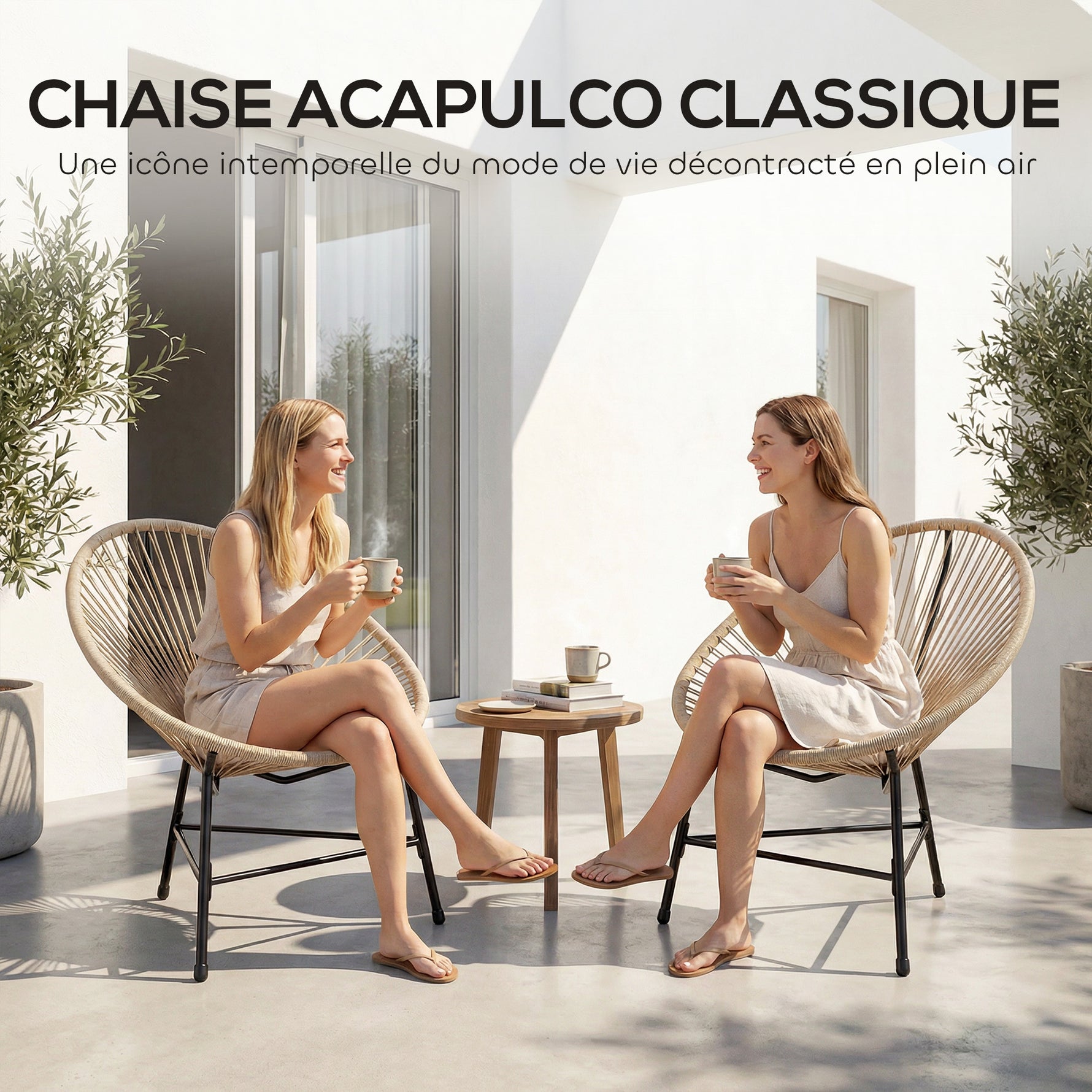 Lot de 2 Fauteuils de Jardin Acapulco Résine Tressée, Structure Triangulaire en Acier, Charge 120 kg, 72x68x81cm, Naturel