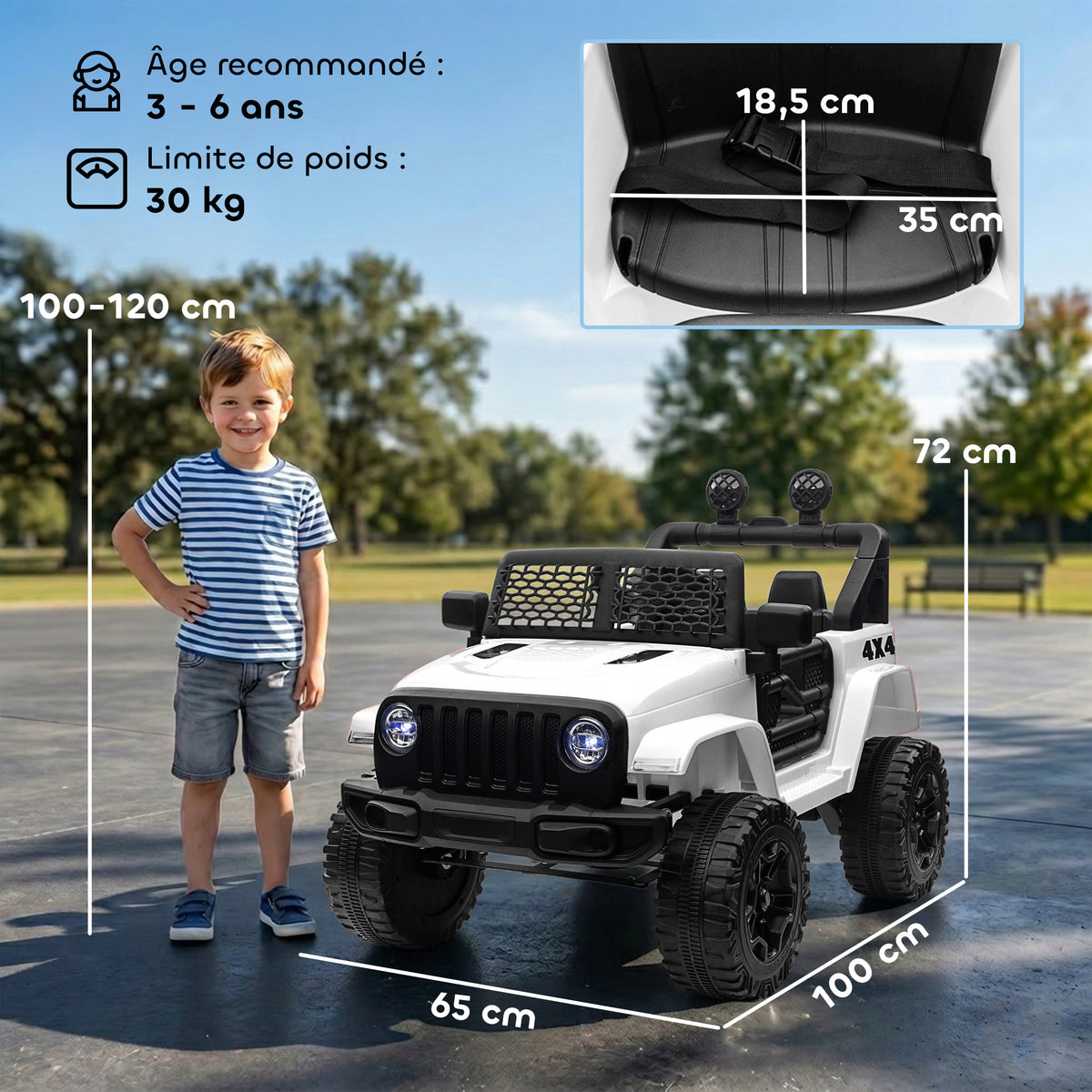 Kids' Electric Car, Rear-Wheel Drive, 12V, 5 km/h Max, Remote Control Included, Light and Sound Effects, Dim. 100L x 65W x 72H cm, White