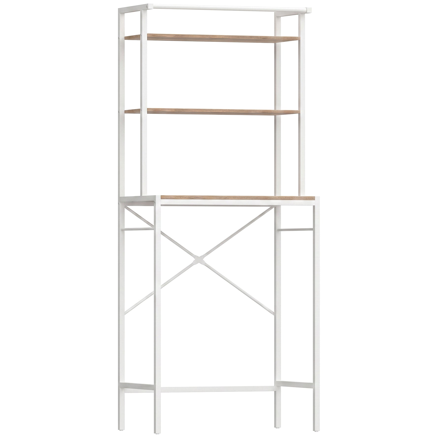 Étagère de Machine à Laver 3 Niveaux, Meuble pour Lave-Linge et Sèche-Linge avec Barre de Suspension, Marron et Blanc