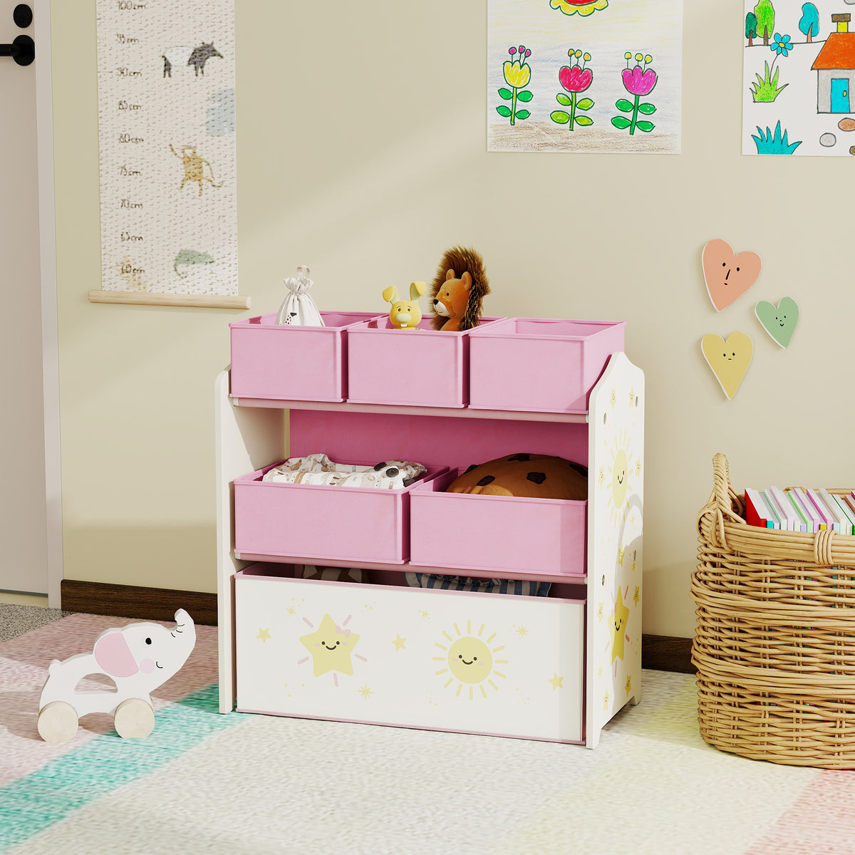 Meuble rangement enfant à 3 niveaux, étagère de rangement pour jouets enfants avec 6 boîtes en tissu amovibles, rose