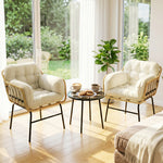 Salon de Jardin Extérieur 3 Pièces en Résine Tressée, Table en Verre Trempé, 2 Fauteuils avec Coussins, 62x73x79cm, Crème