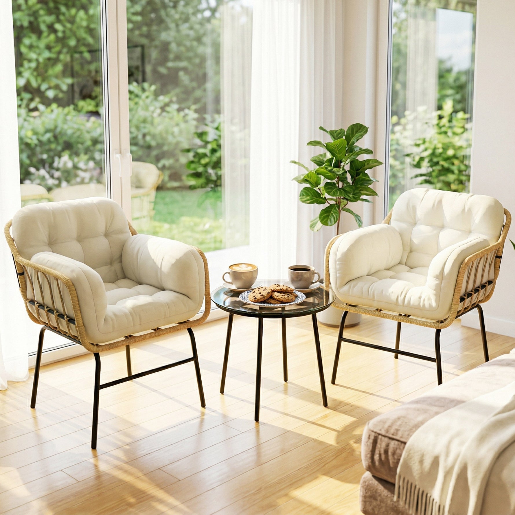 Salon de Jardin Extérieur 3 Pièces en Résine Tressée, Table en Verre Trempé, 2 Fauteuils avec Coussins, 62x73x79cm, Crème