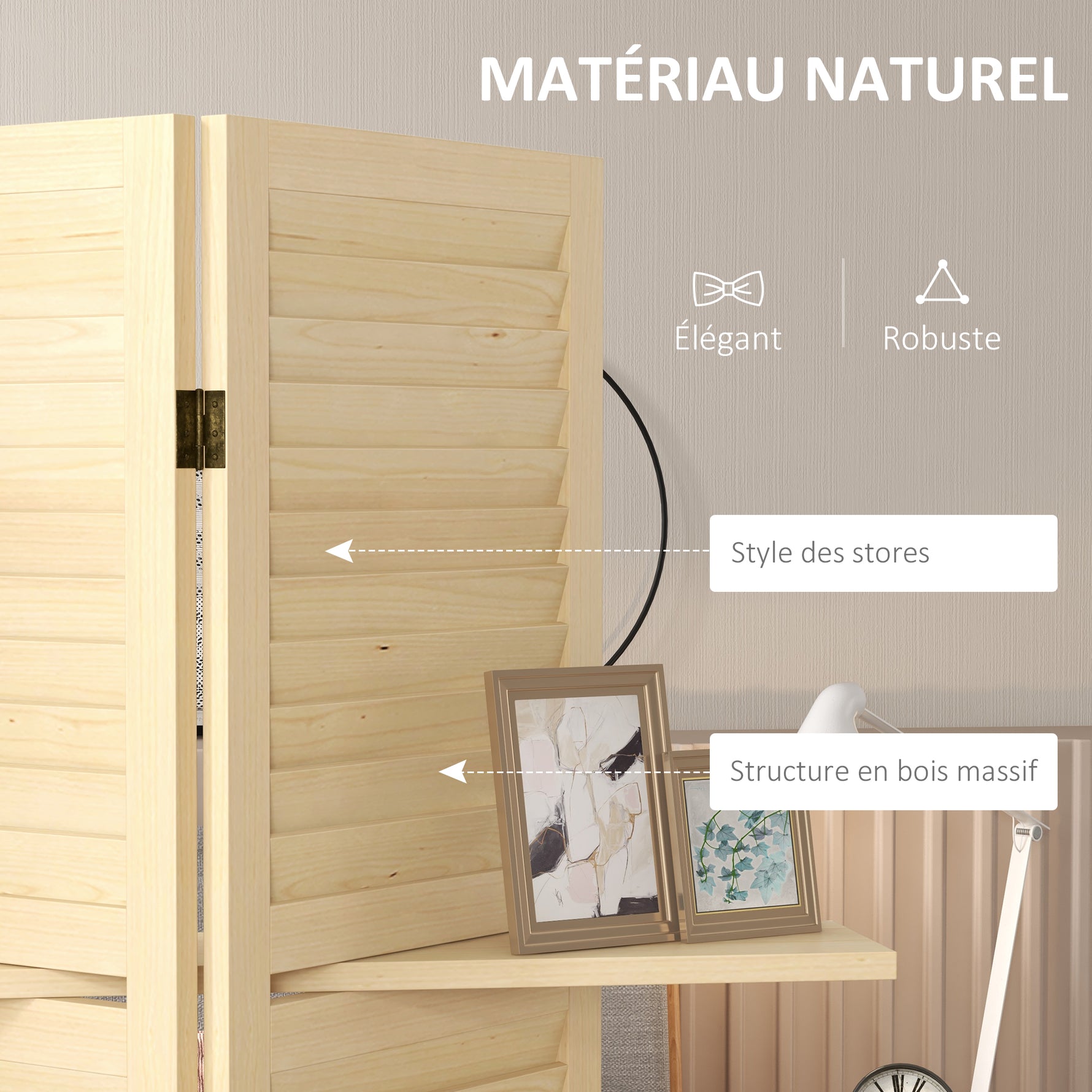 Paravent intérieur 4 panneaux 160L x 170H cm 3 étagères pliables séparateur de pièce portes persiennes naturel