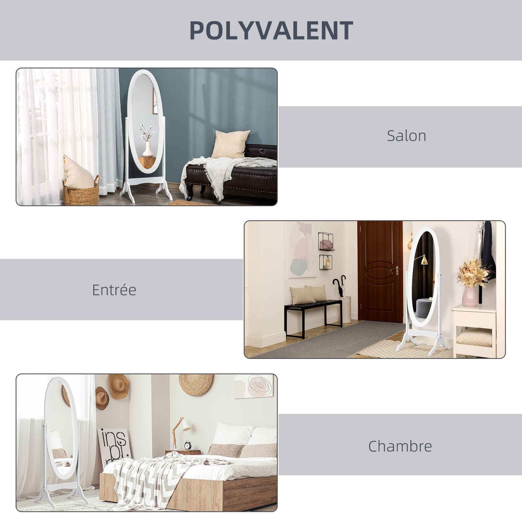 Miroir à Pied Ovale Style Shabby Chic Inclinaison réglable dim. 48L x 46l x 147H cm MDF Blanc