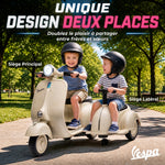 Elektrisches Kinder-Motorrad VESPA lizenziert 6V 2-Sitzer, Geschwindigkeit 3-5 km/h, Sanftanlauf, Creme