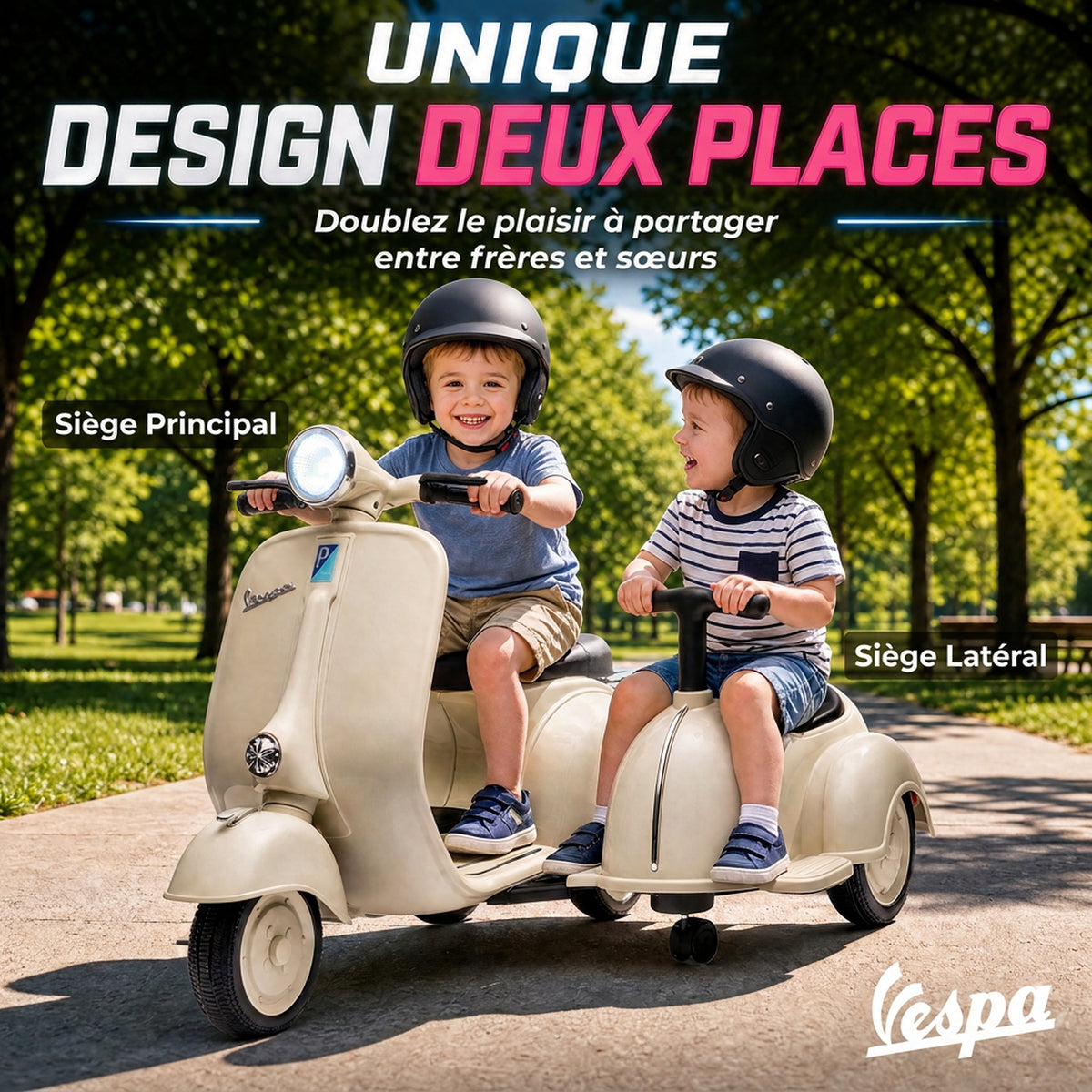 Elektrisches Kinder-Motorrad VESPA lizenziert 6V 2-Sitzer, Geschwindigkeit 3-5 km/h, Sanftanlauf, Creme