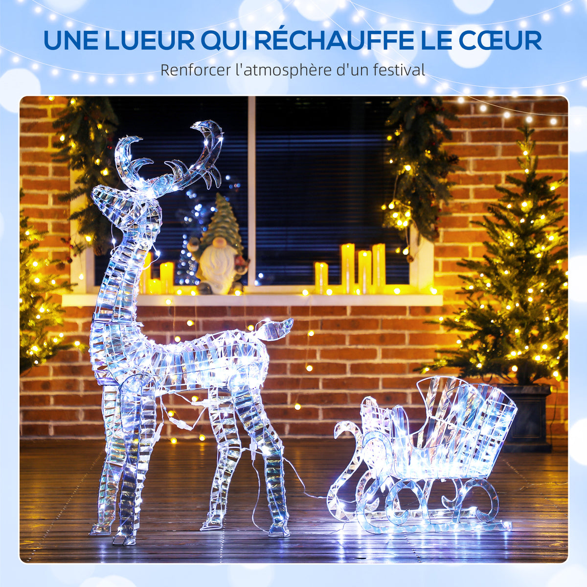 Renne et traîneau lumineux de Noël avec 170 LED blanc chaud, décoration de Noël pour intérieur et extérieur, 60x29x115cm