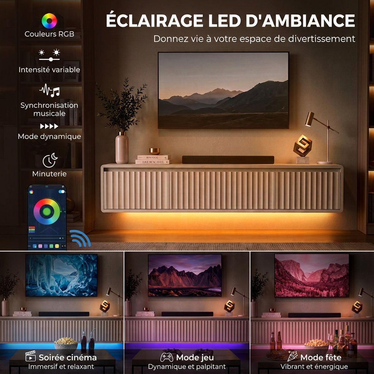 Meuble TV Suspendu Flottant 120 cm avec Éclairage LED et Prises, Meuble Télé pour Téléviseur 65 Pouces, Blanc
