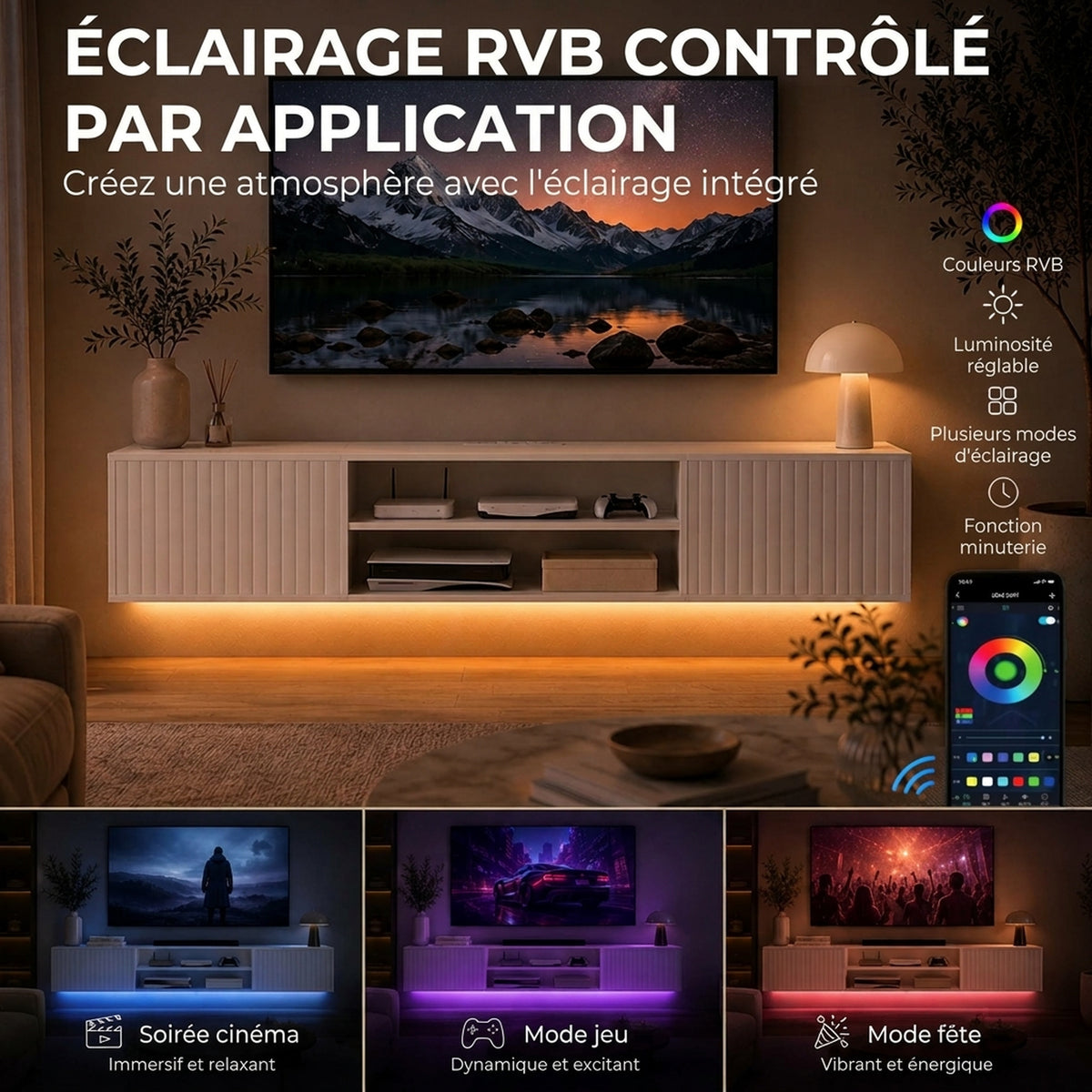 Mobile TV sospeso galleggiante 140cm con illuminazione LED e prese, 2 ante scanalate e ripiano regolabile, bianco