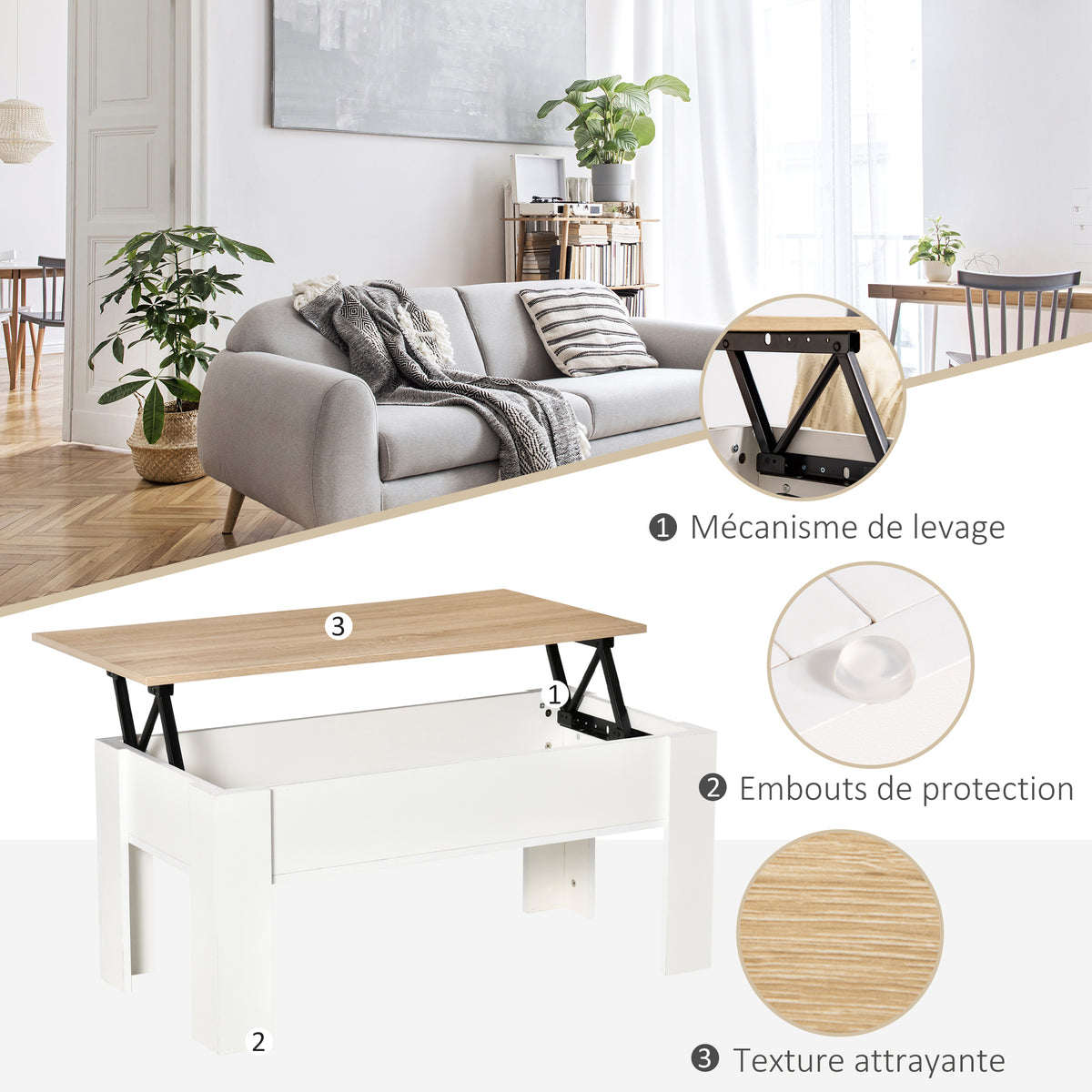 Tavolino da salotto sollevabile, tavolo con vano nascosto, stile moderno, per soggiorno, ufficio, 100x50x45cm, bianco