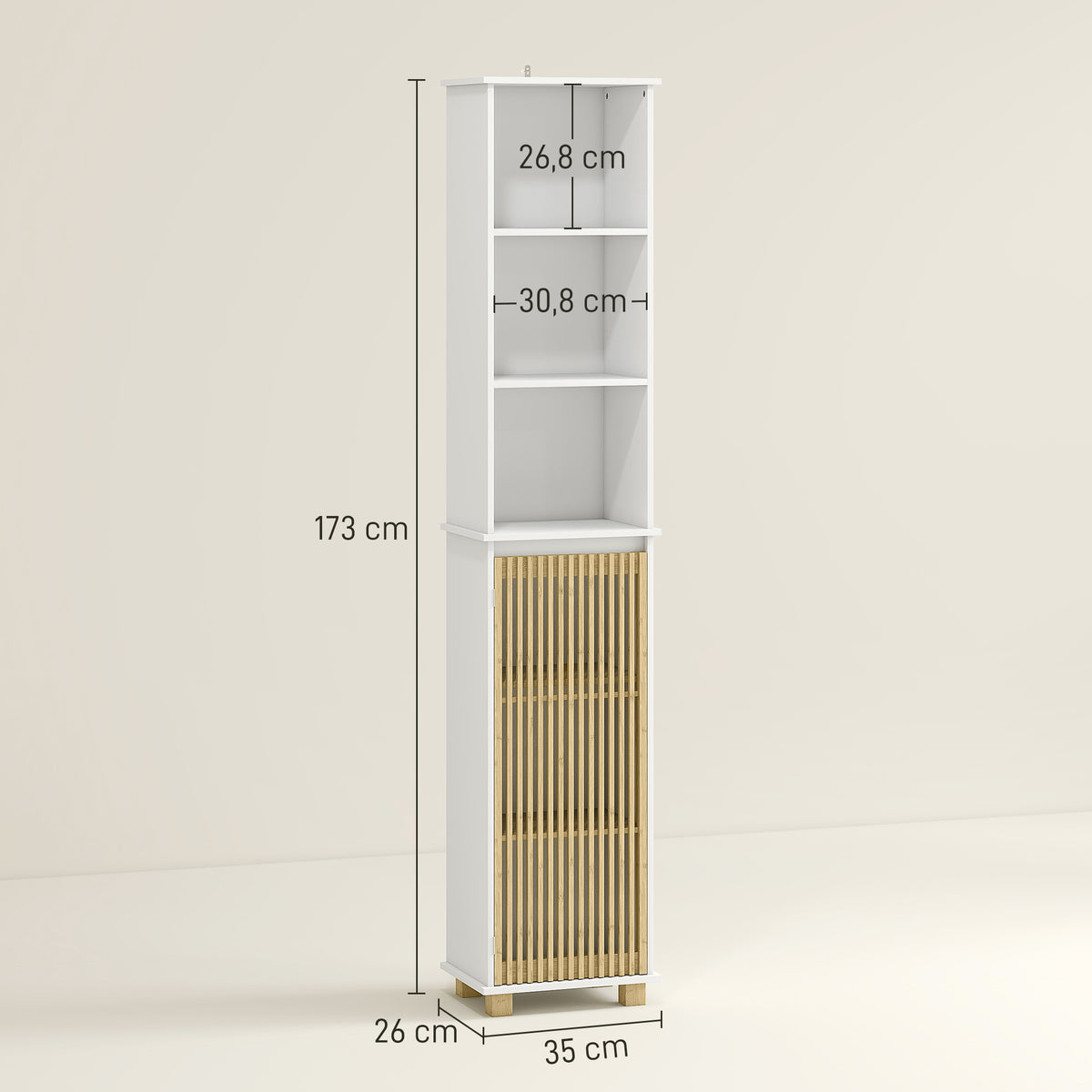 Colonne salle de bain, meuble salle de bain rangement avec porte à lattes en bambou et compartiments ouverts, blanc