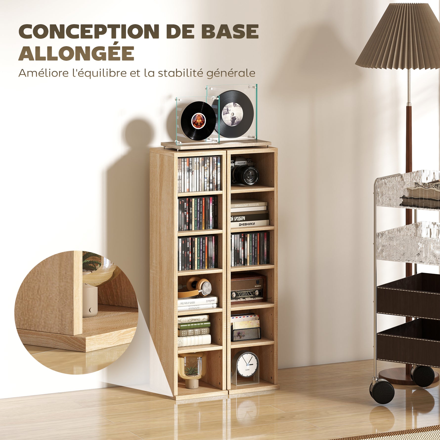 Lot de 2 étagères colonnes armoire de rangement CD-DVD 12 compartiments 21 x 22,5 x 88,5 cm capacité 204 CD chêne