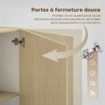Buffet salon, meuble de rangement à 6 compartiments et portes à fermeture amortie, 80x40x135cm, blanc et bois naturel