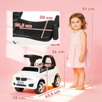 Porteur enfants voiture, véhicule à pousser avec coffre à jouets, klaxon, phares et musique, 63,5 x 28 x 36 cm, blanc