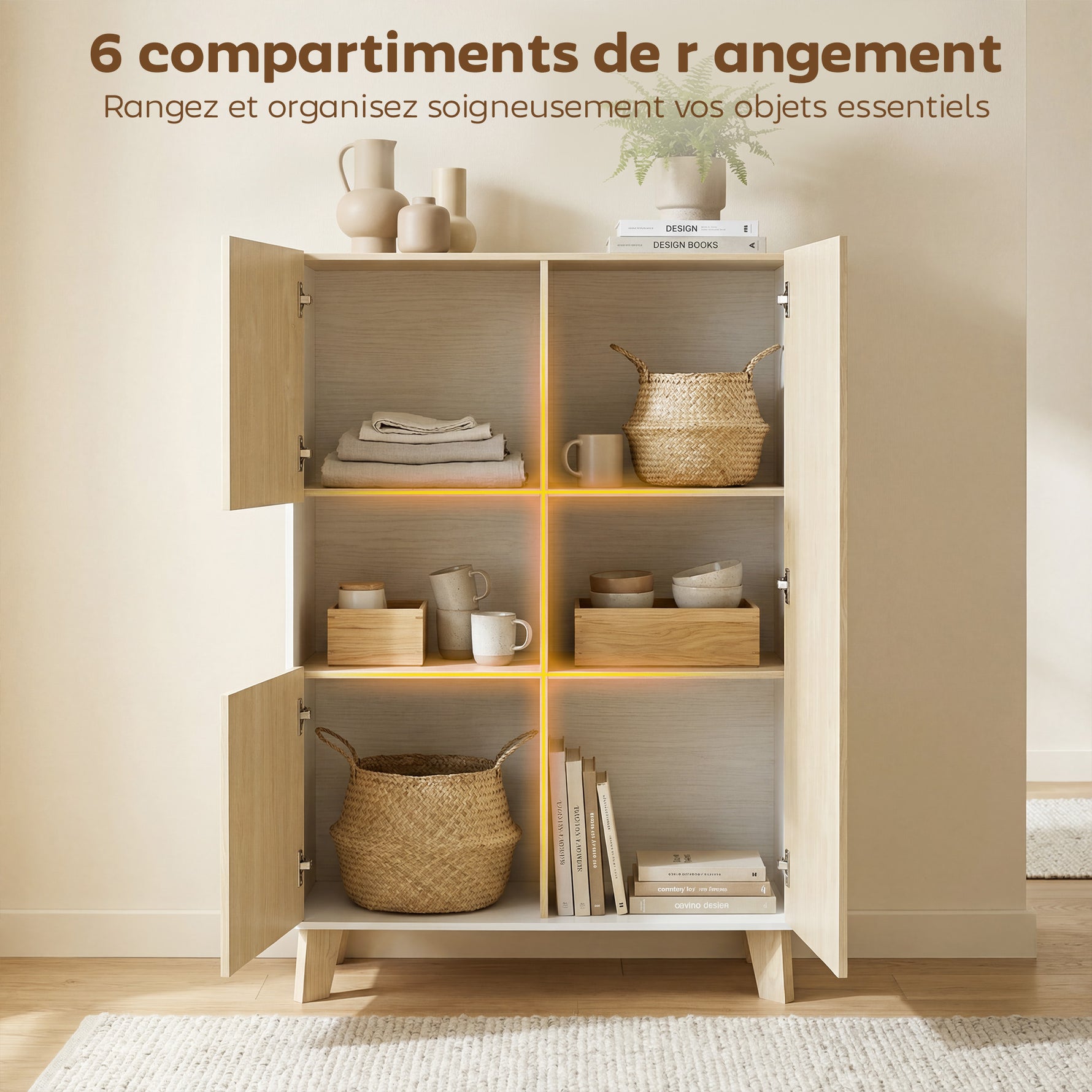 Buffet salon, meuble de rangement à 6 compartiments et portes à fermeture amortie, 80x40x135cm, blanc et bois naturel