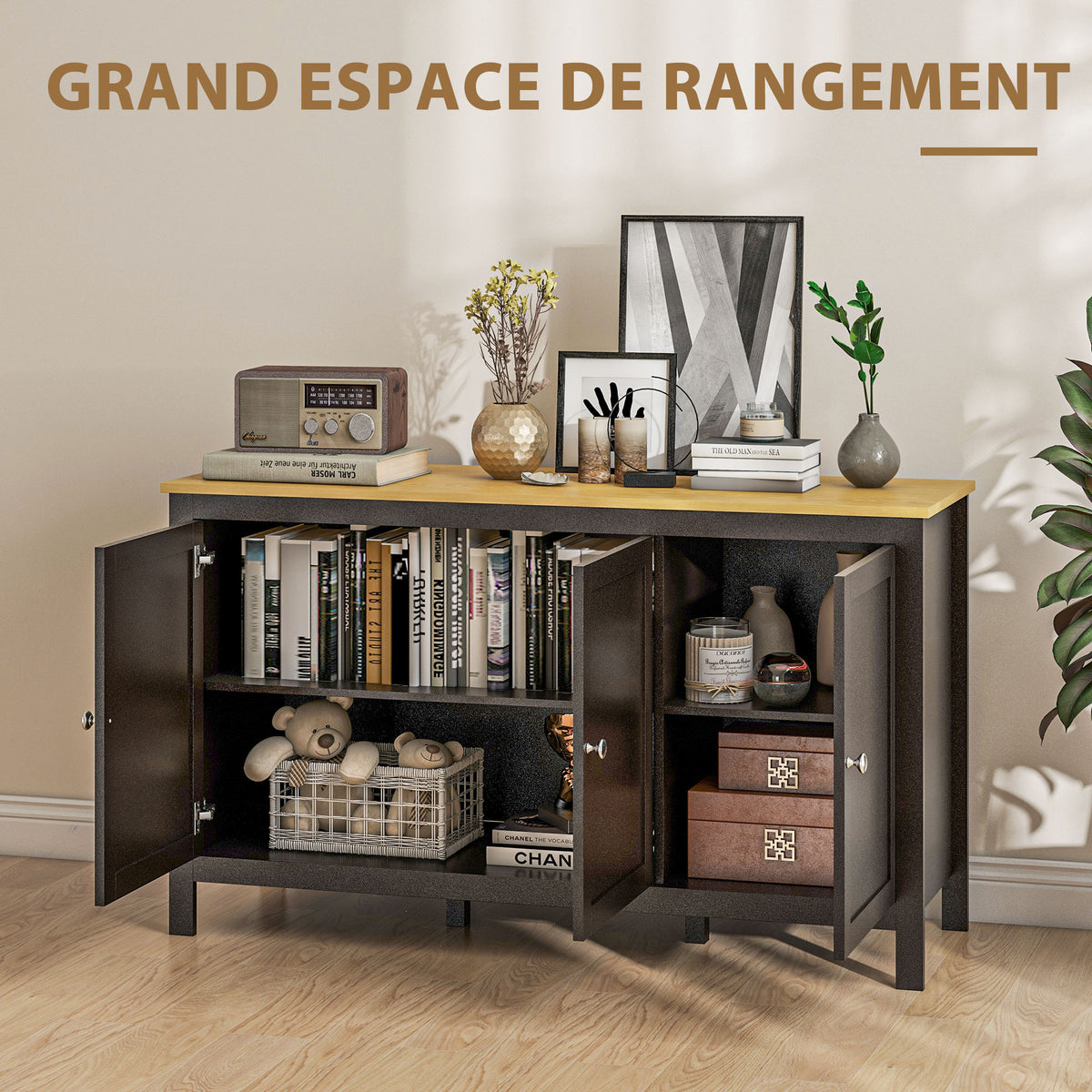Buffet meuble de rangement avec 3 portes 2 étagères réglables plateau aspect bois clair 120 x 40 x 70 cm noir