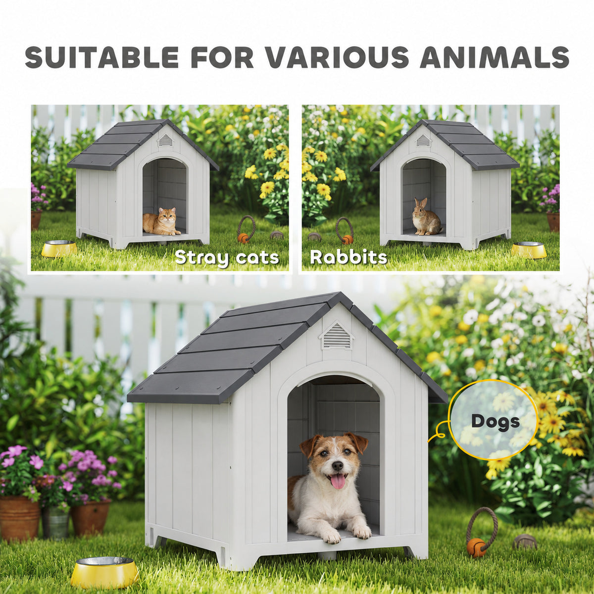 Caseta para perro de exterior, casa para perro de polipropileno impermeable ventilada con suelo elevado 66x55x65cm gris claro