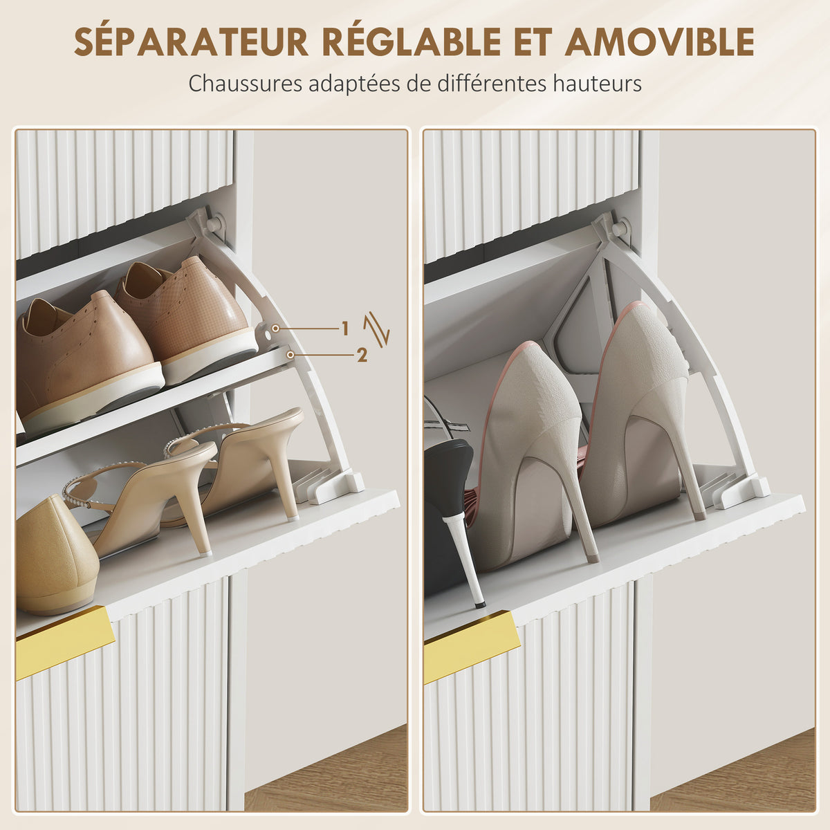 Meuble à chaussures 18 paires avec 3 tiroirs rabattables, portes cannelées et étagères réglables, 60x24x122,5cm, blanc