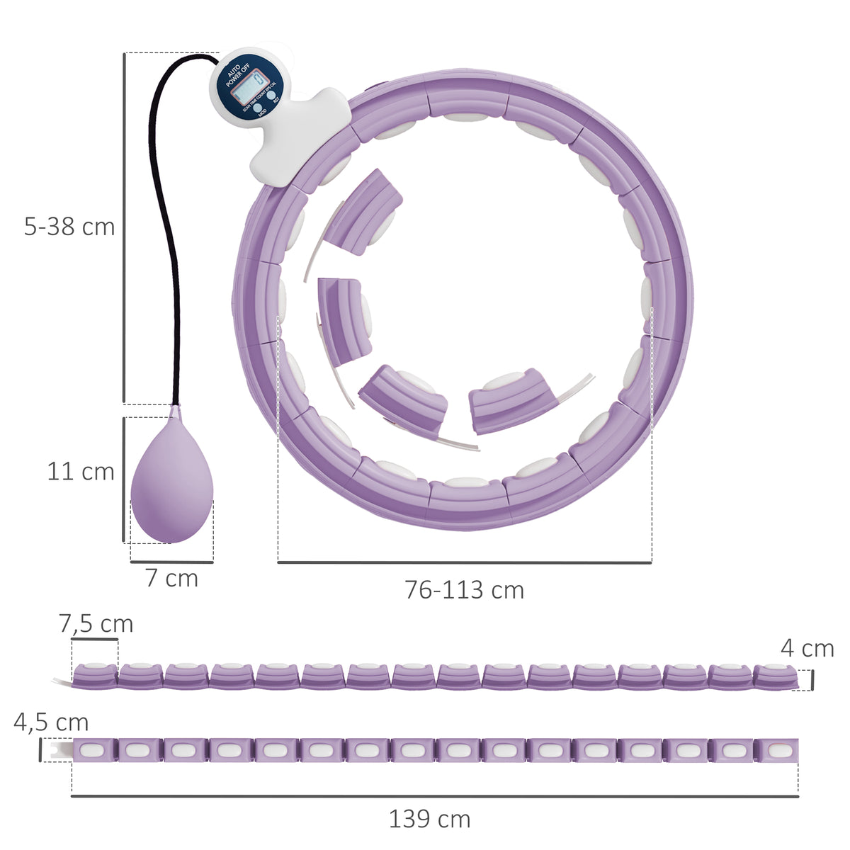 Hula hoop cerceau avec picots de massage ajustable 76-113 cm de tour de taille 16 segments amovibles 139x4,5cm violet