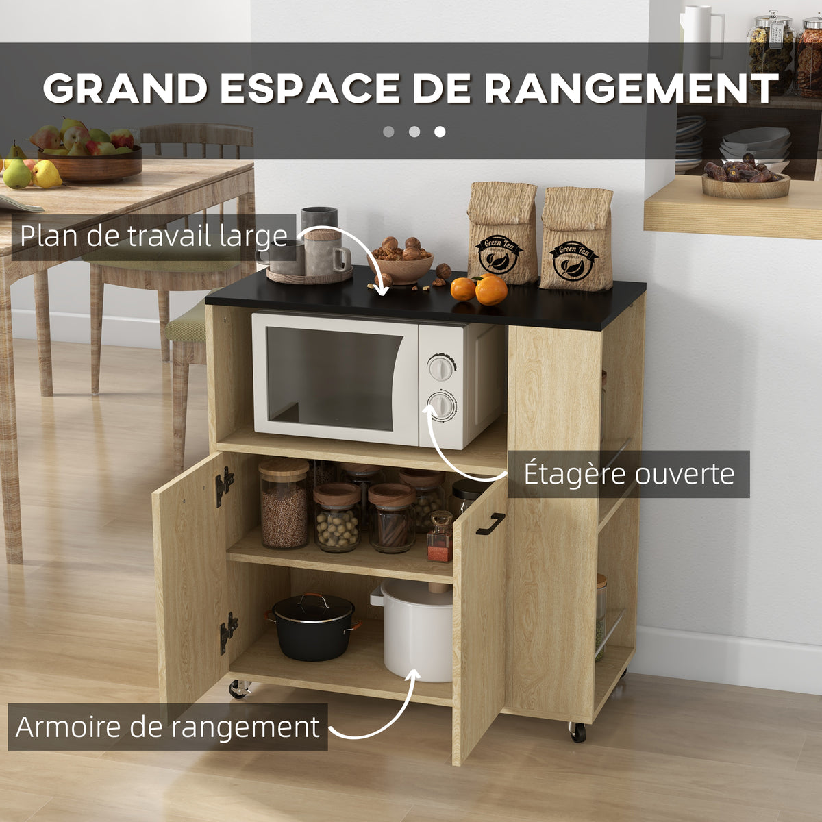 Desserte chariot cuisine multi rangements avec roulettes 75 x 40 x 80,5 cm