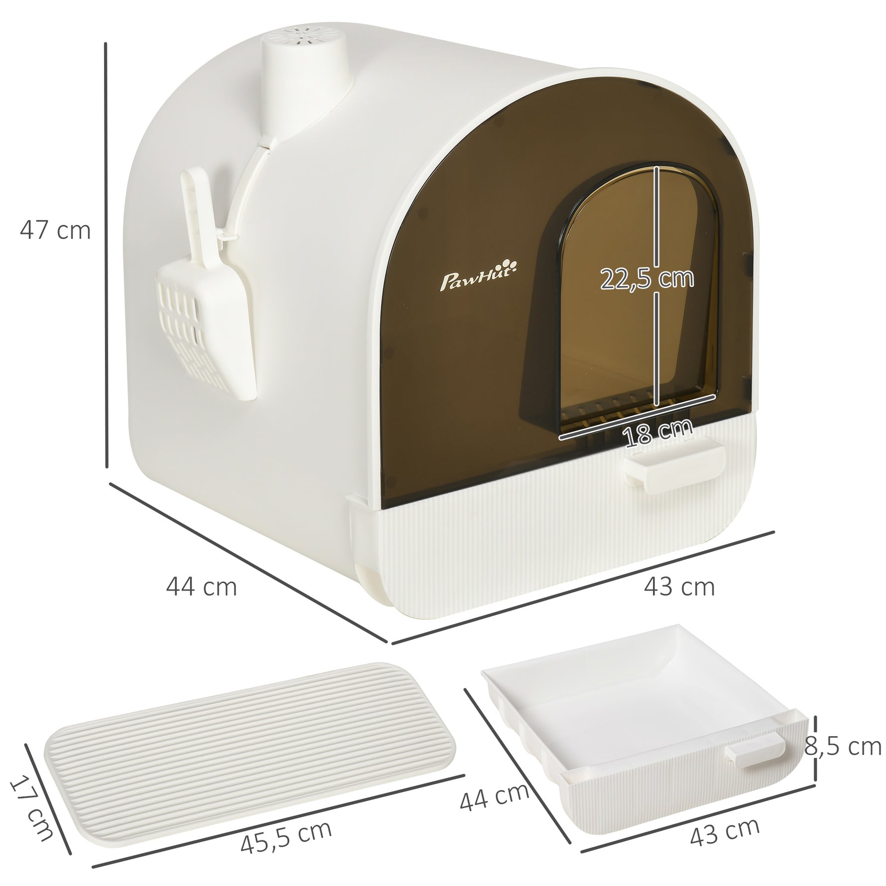 Lot de 2 bacs à litière pour chat maison de toilette porte battante, pelle et filtre inclus dim. 43L x 44l x 47H cm