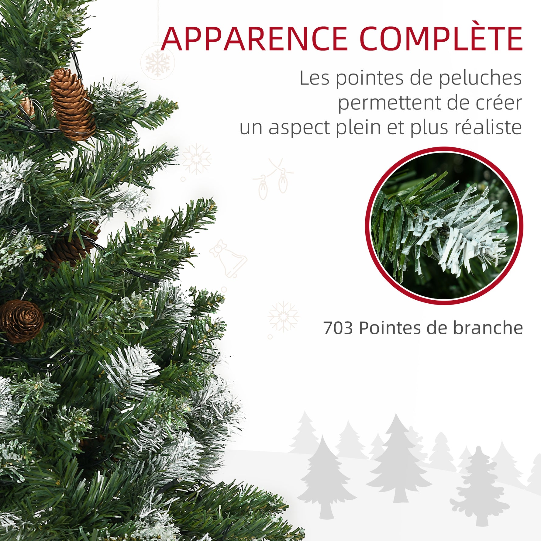 Sapin de Noël artificiel lumineux 703 branches 250 LED 30 pommes de pin support pied pliable hauteur 180 cm Ø 80 vert